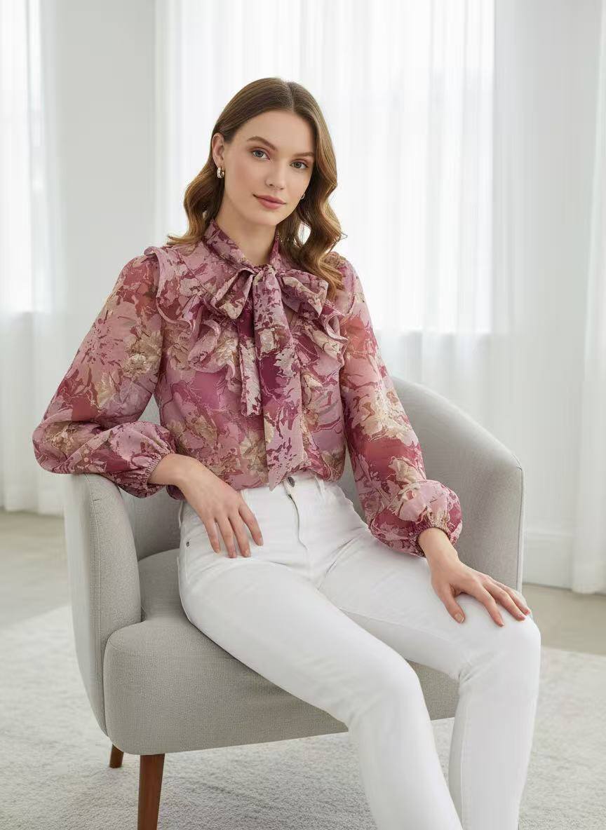 Floral voile blouse, 100% polyester, perfect for spring/summer, light and elegant, made in China.