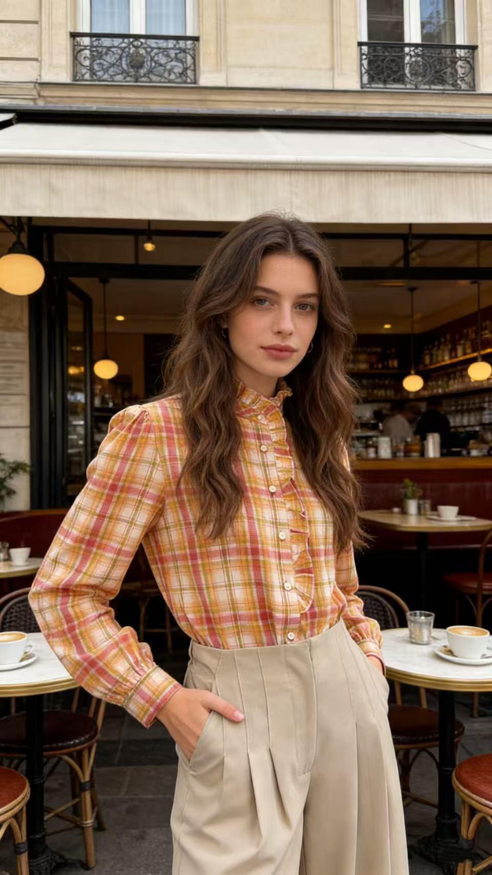 Grossiste Bisou's project - Chemise à Carreaux avec Volants sur le Devant et Col Montant Ruffled