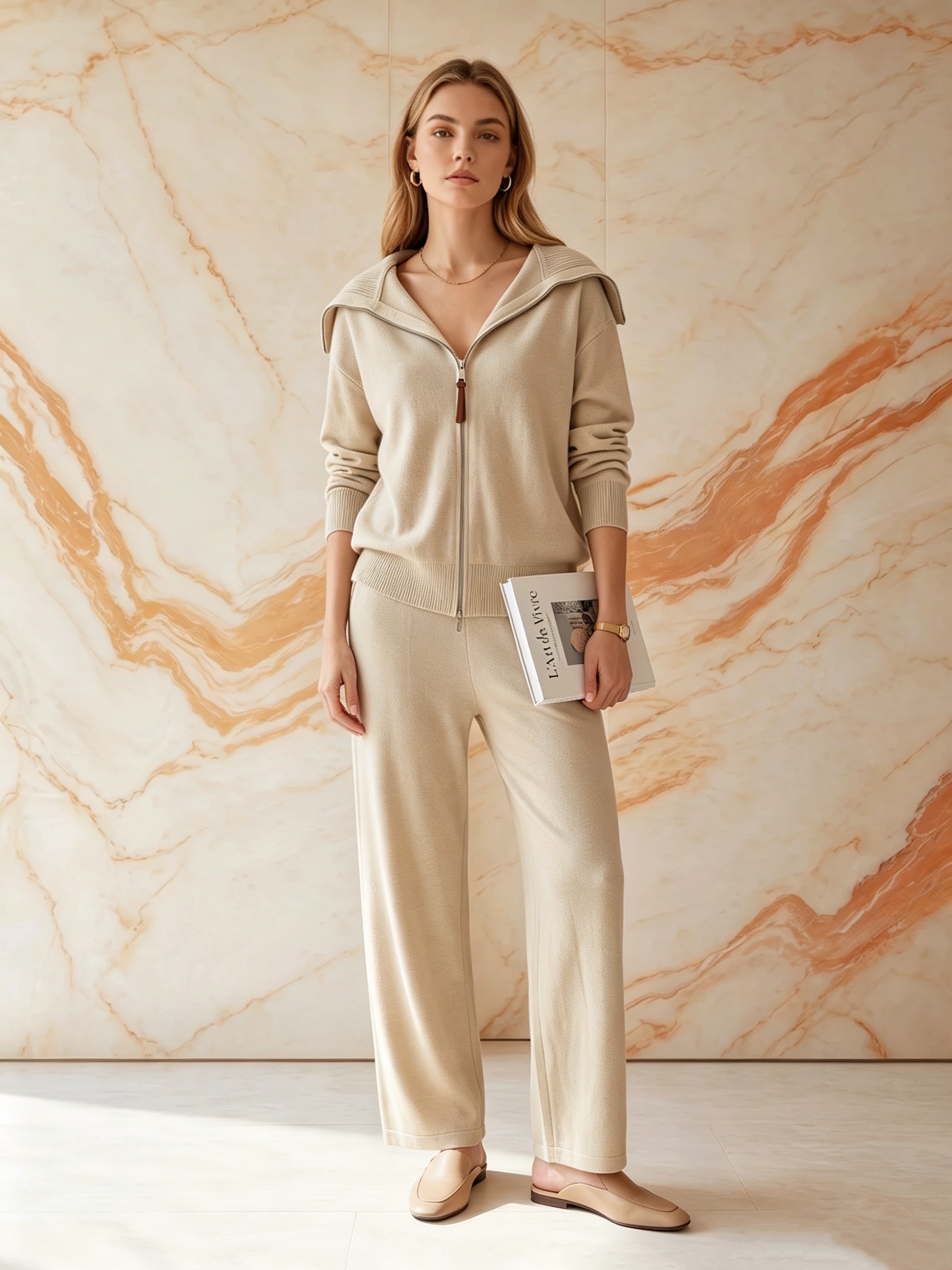 Grossiste Bisou's project - Ensemble pantalon et veste en maille beige à grande capuche zippée, tenue décontractée chic pour le quotidien et les sorties