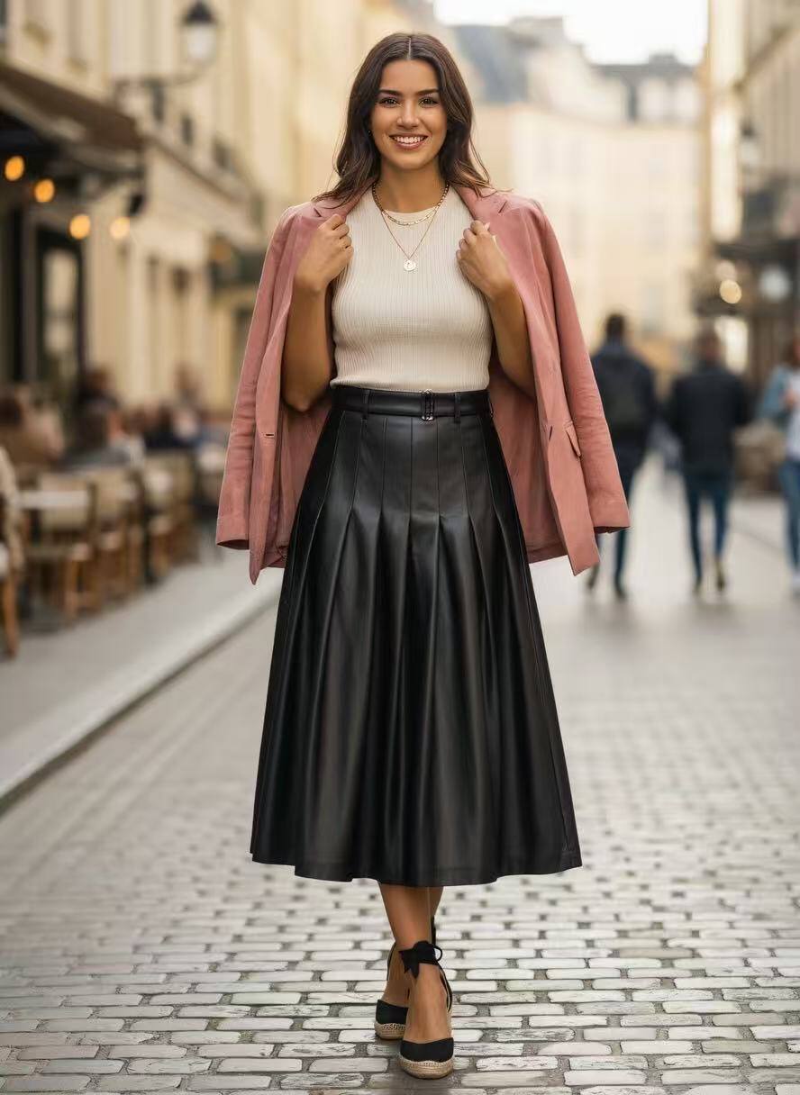 Pleated faux leather skirt, 100% polyester, perfect for spring/summer. Made in China, ideal for a modern look.