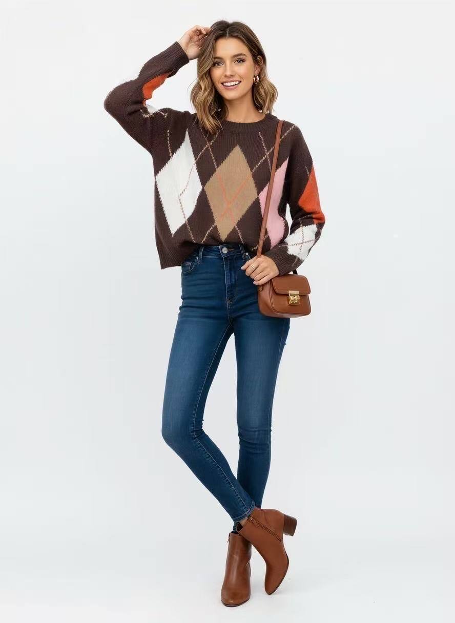Women's jacquard sweater, beige and chocolate, made of polyester, wool, and viscose, perfect for spring, made in China.