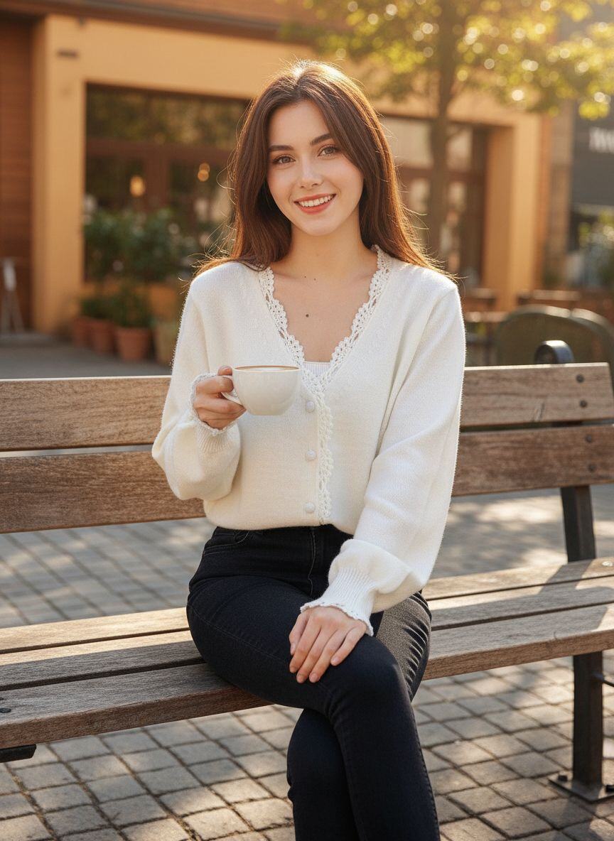 Pull féminin col V en dentelle, boutons délicats, acrylique et polyester, idéal pour le printemps, fabriqué en Chine.