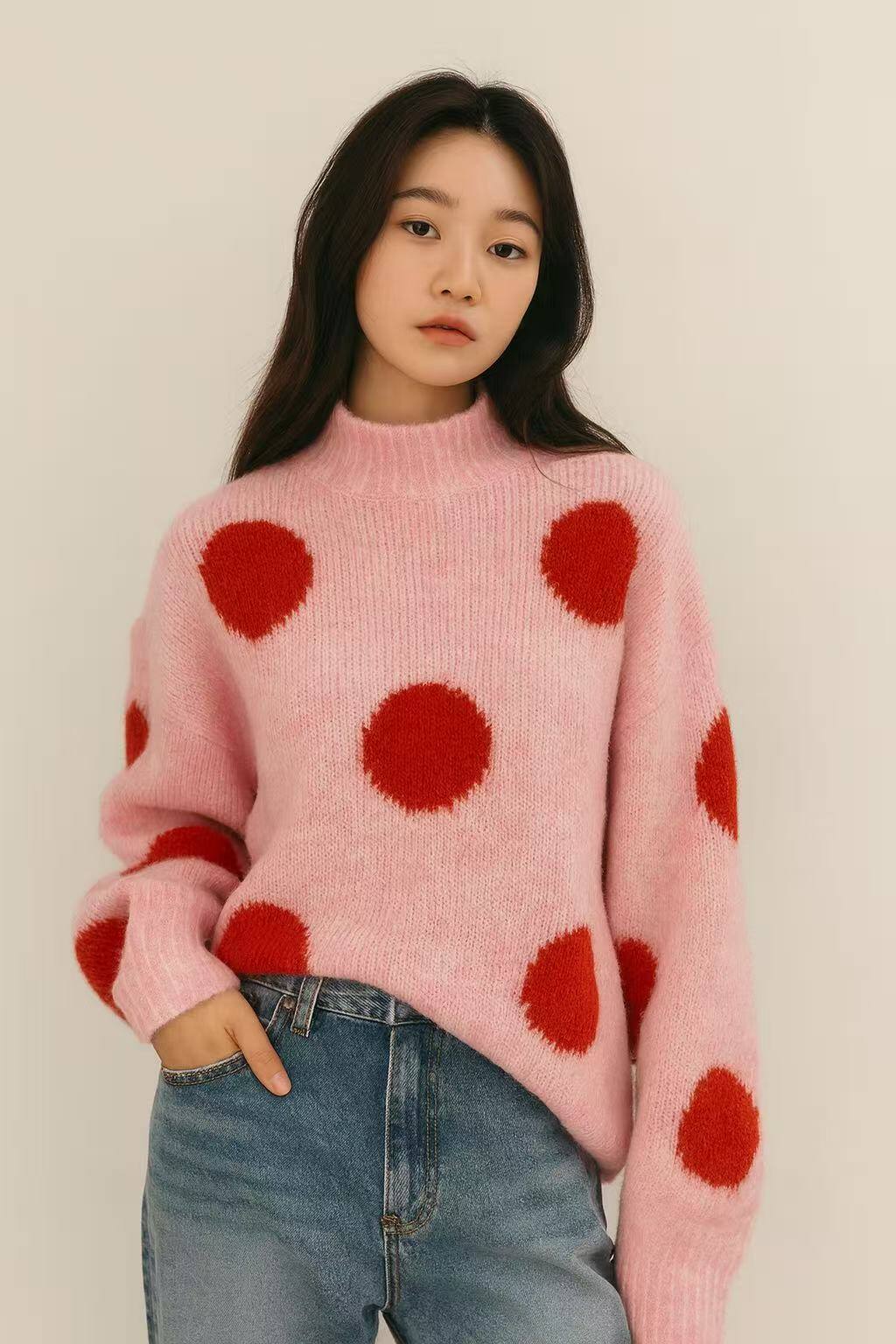 Pull Pois Oversize pour femme, léger et élégant, idéal pour le printemps. Fabriqué en Chine, composé de polyester, nylon, laine et élasthanne.