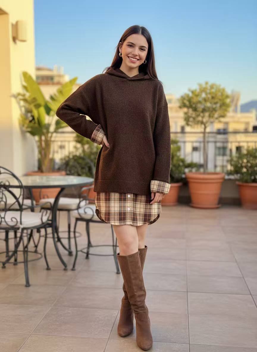 Pull robe à capuche, carreaux chic, parfait pour le printemps. Fabriqué en Chine, mélange doux de laine et polyester. Idéal pour femmes.