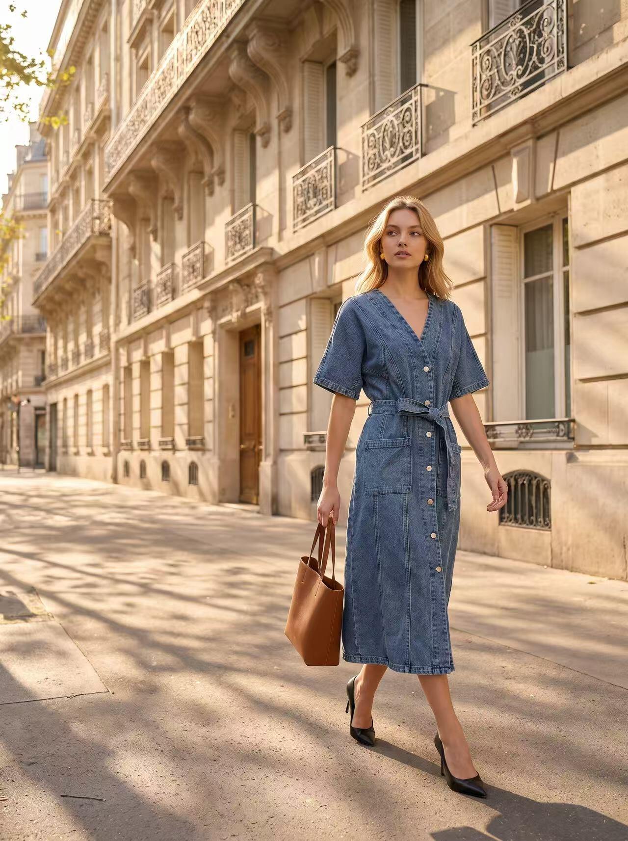 Wholesaler Bisou's project - Washed denim midi dress with a V-neck, short sleeves, matching belt, front button closure, and Parisian-style patch pockets