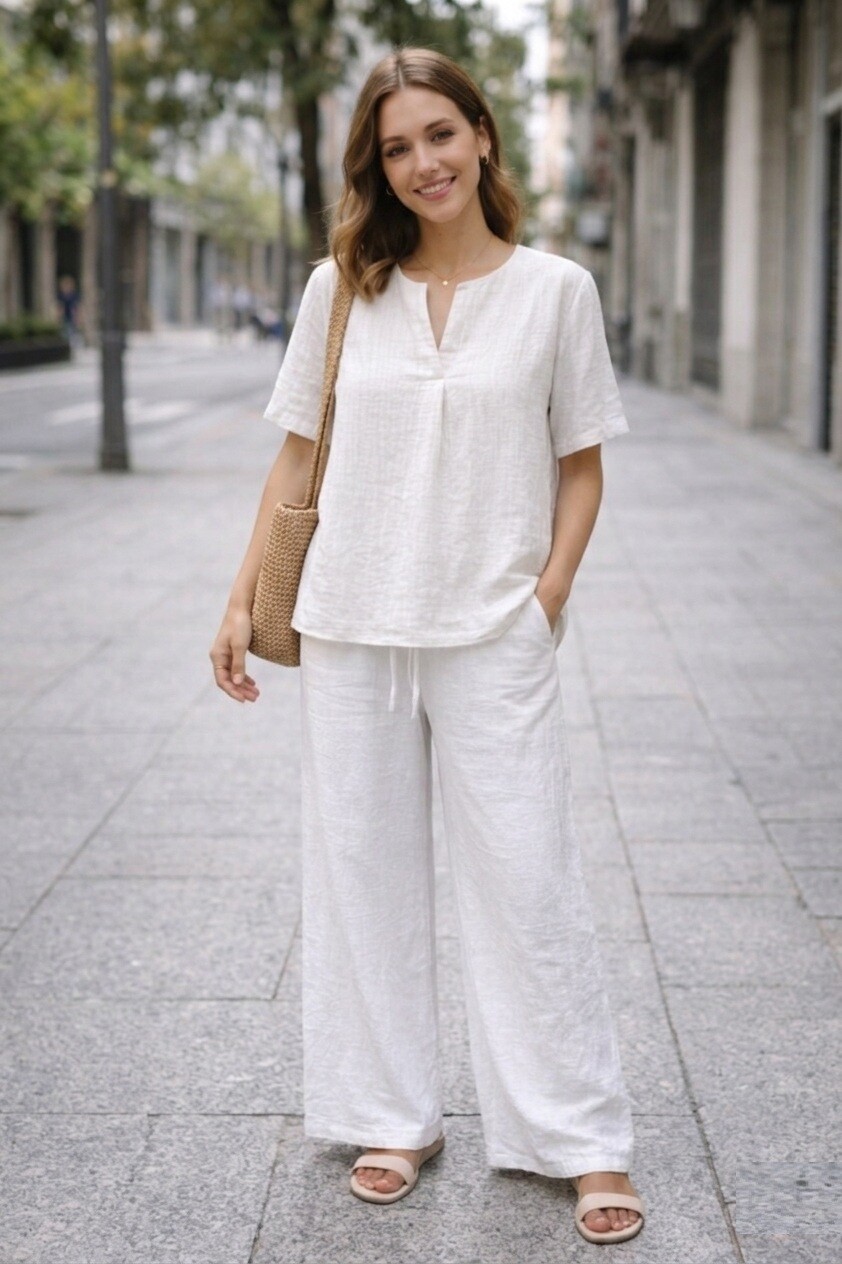 Grossiste Bluoltre - Ensemble léger composé d’un haut à manches courtes avec pli central et d’un pantalon large à taille coulissante