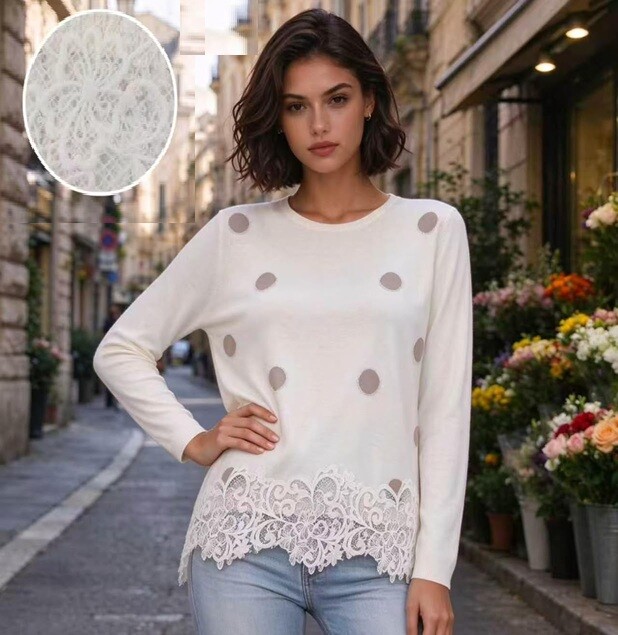 Grossista Bluoltre - Maglione a girocollo con pois e pizzo sull'orlo