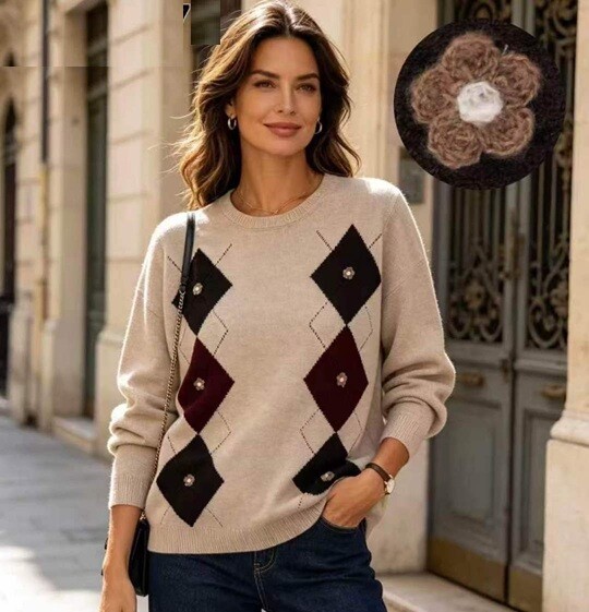 Grossiste Bluoltre - Pull en maille douce, orné d’un motif argyle composé de losanges