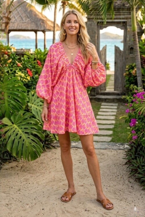 Grossiste Bluoltre - Robe courte légère en coton, décolleté en V et des manches bouffantes, pour un style léger et féminin