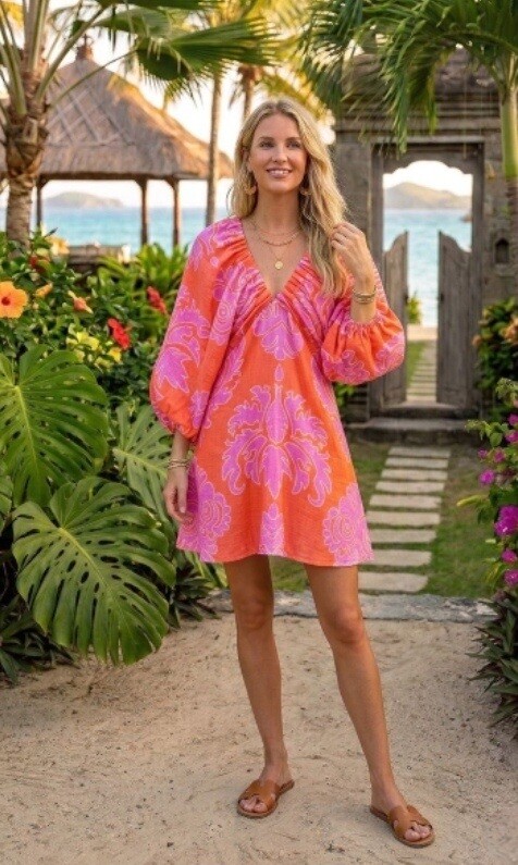 Grossiste Bluoltre - Robe courte légère en coton, décolleté en V et des manches bouffantes, pour un style léger et féminin