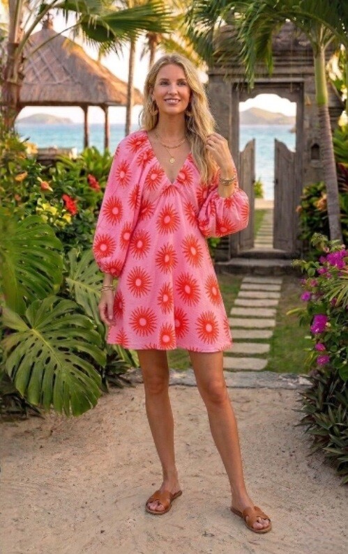 Großhändler Bluoltre - Leichtes kurzes Baumwollkleid mit V-Ausschnitt und Puffärmeln, für einen luftigen und femininen Stil