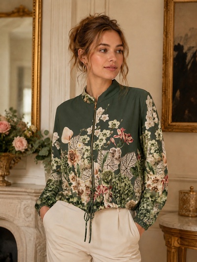 Grossista Bluoltre - Giacca leggera in voile di cotone con stampa floreale, chiusura con zip e lacci sul fondo Grossista Bluoltre - Giacca leggera in voile di cotone con stampa floreale, chiusura con zip e lacci sul fondo