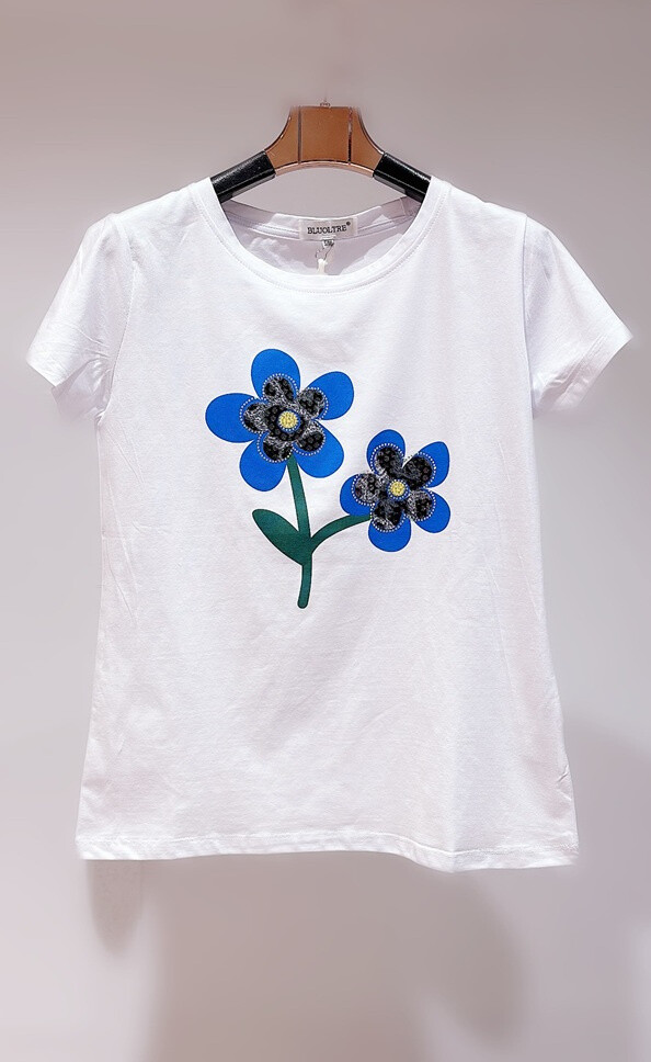 Grossiste Bluoltre - T-Shirt imprimé fleurs et strass et sequins