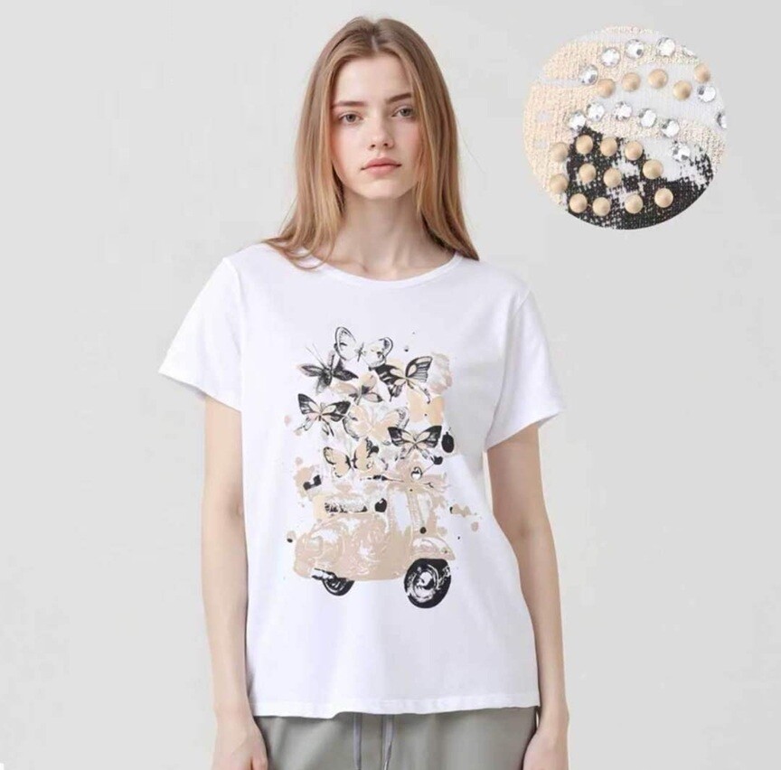 Wholesaler Bluoltre - Printed T-Shirt with rhinestones