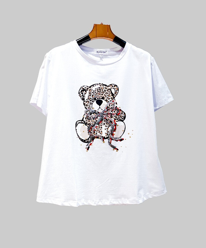 Grossiste Bluoltre - T-Shirt imprimé ours sequins et motif léopard