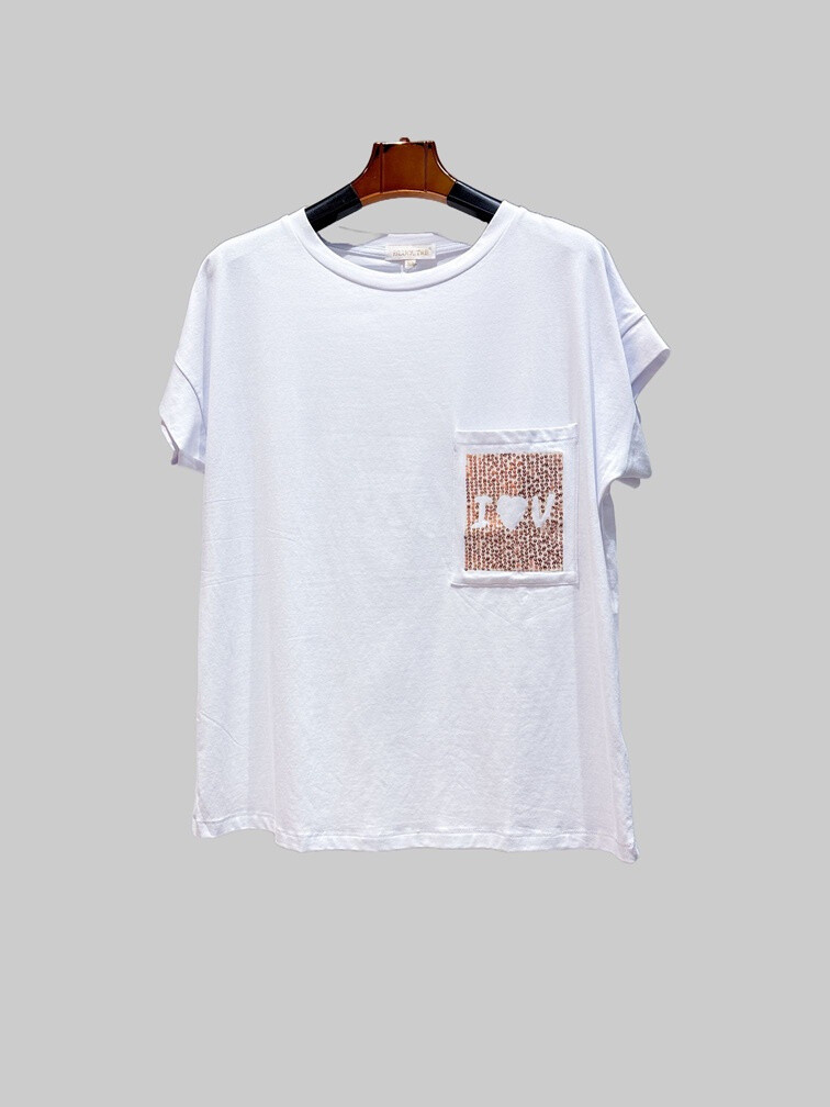 Grossiste Bluoltre - T-shirt imprimé poche I love u avec sequins