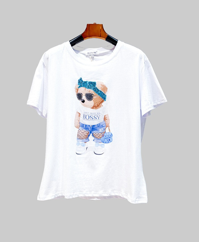 Grossiste Bluoltre - T-Shirt imprimé ours bas résille avec sequins