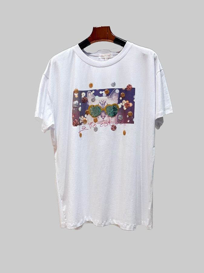 Grossiste Bluoltre - T-Shirt imprimé chat avec sequins