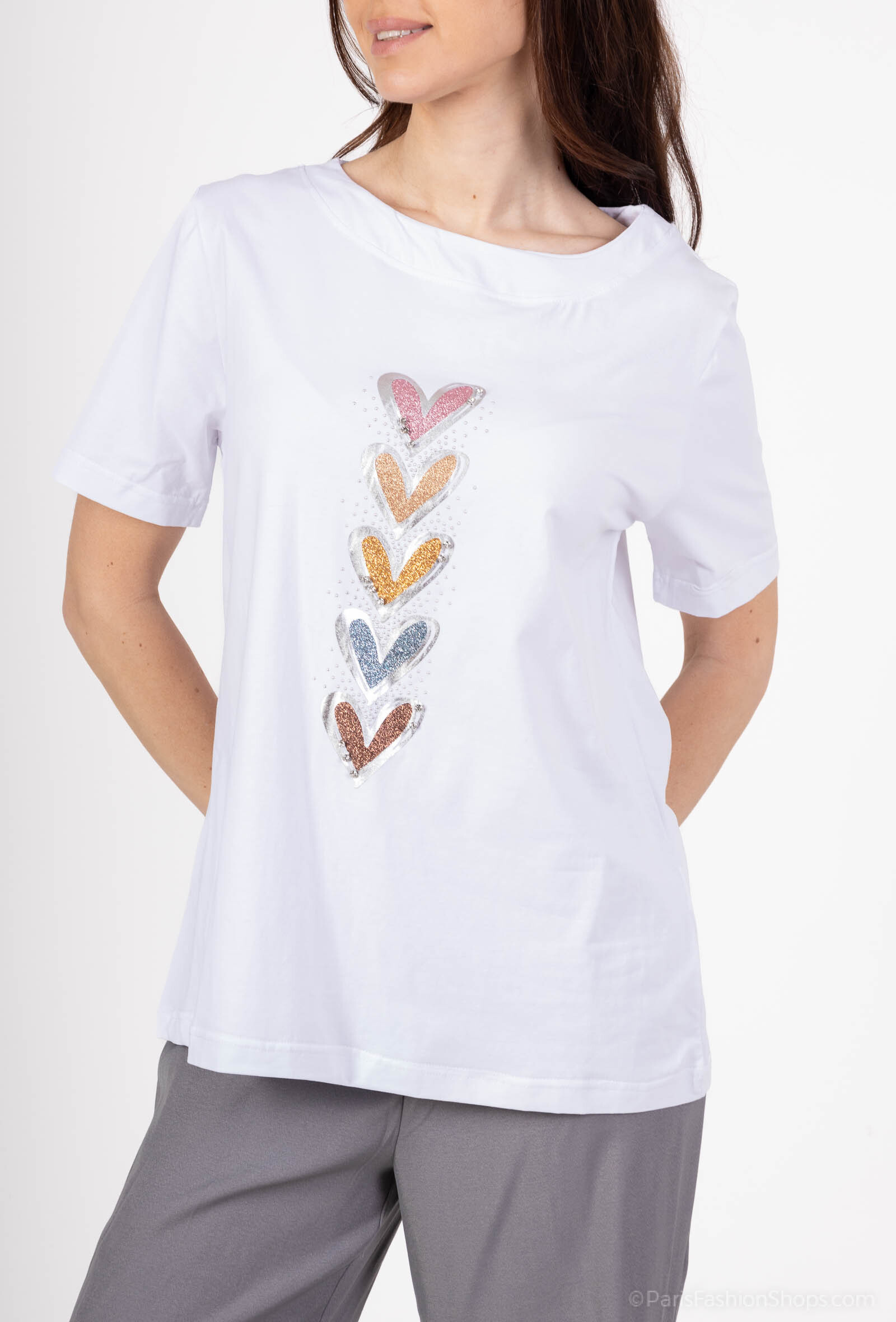 Grossiste Bluoltre - T-shirt imprimé strass avec coeurs