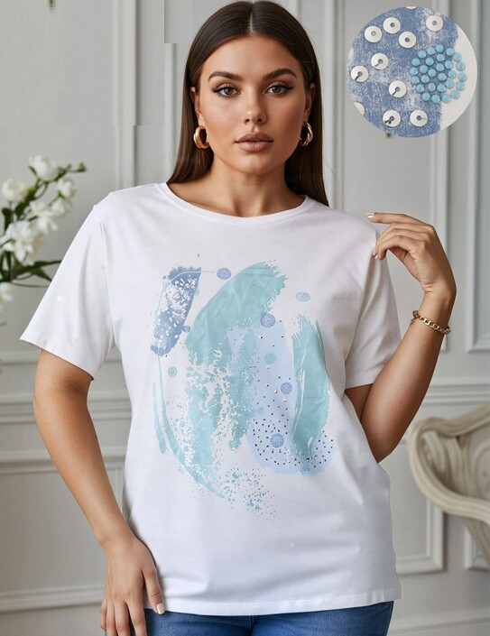 Wholesaler Bluoltre - Printed T-Shirt with sequins and rhinestones