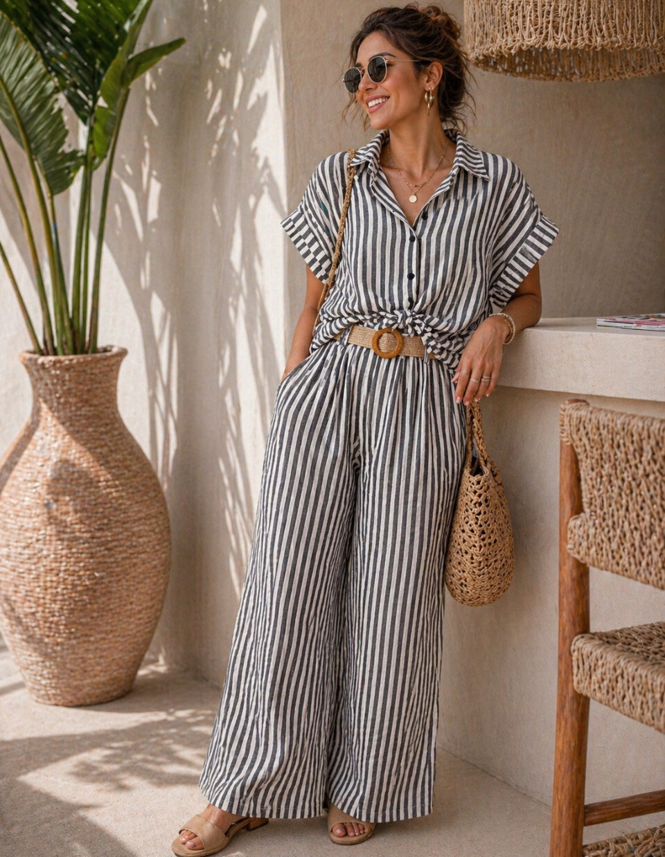 Grossiste Bobo Glam' - Ensemble chemisier à pantalon large à rayure avec ceinture