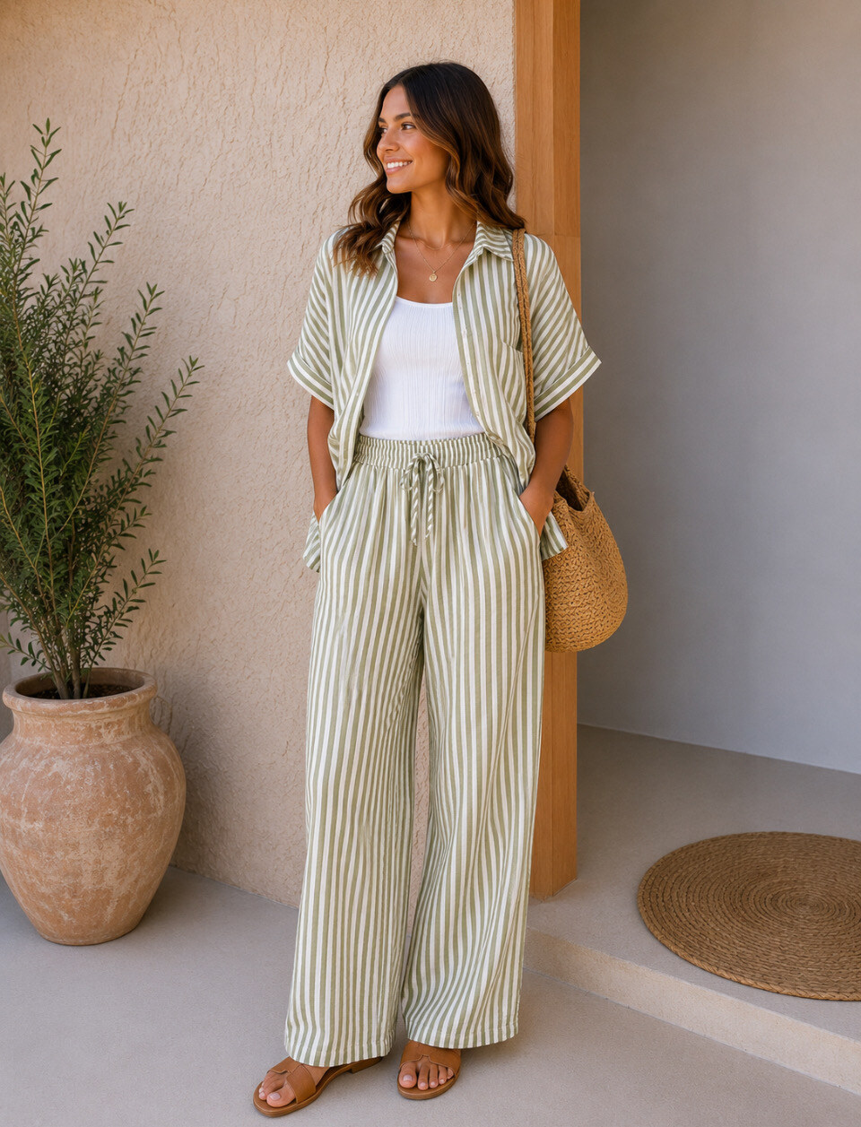 Großhändler Bobo Glam' - Gestreifte Baumwoll-Gaze-Hose mit Taschen