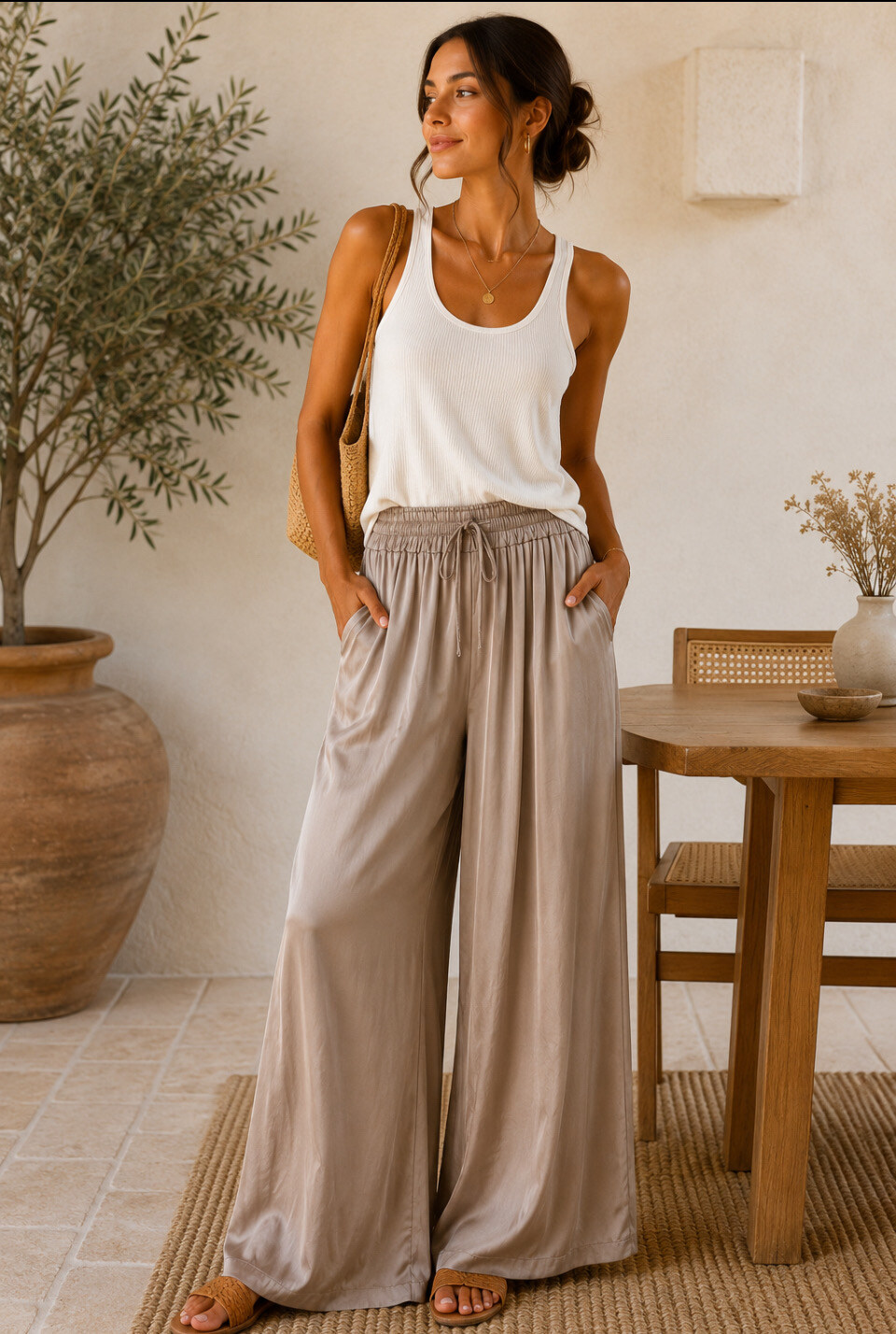 Grossiste Bobo Glam' - Pantalon fluide poché en viscose et soie