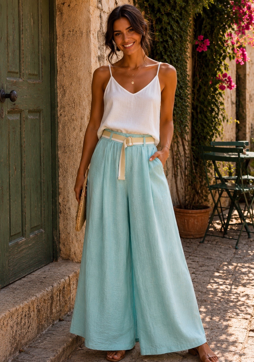 Grossiste Bobo Glam' - Pantalon large en toile de viscose lin à ceinture.