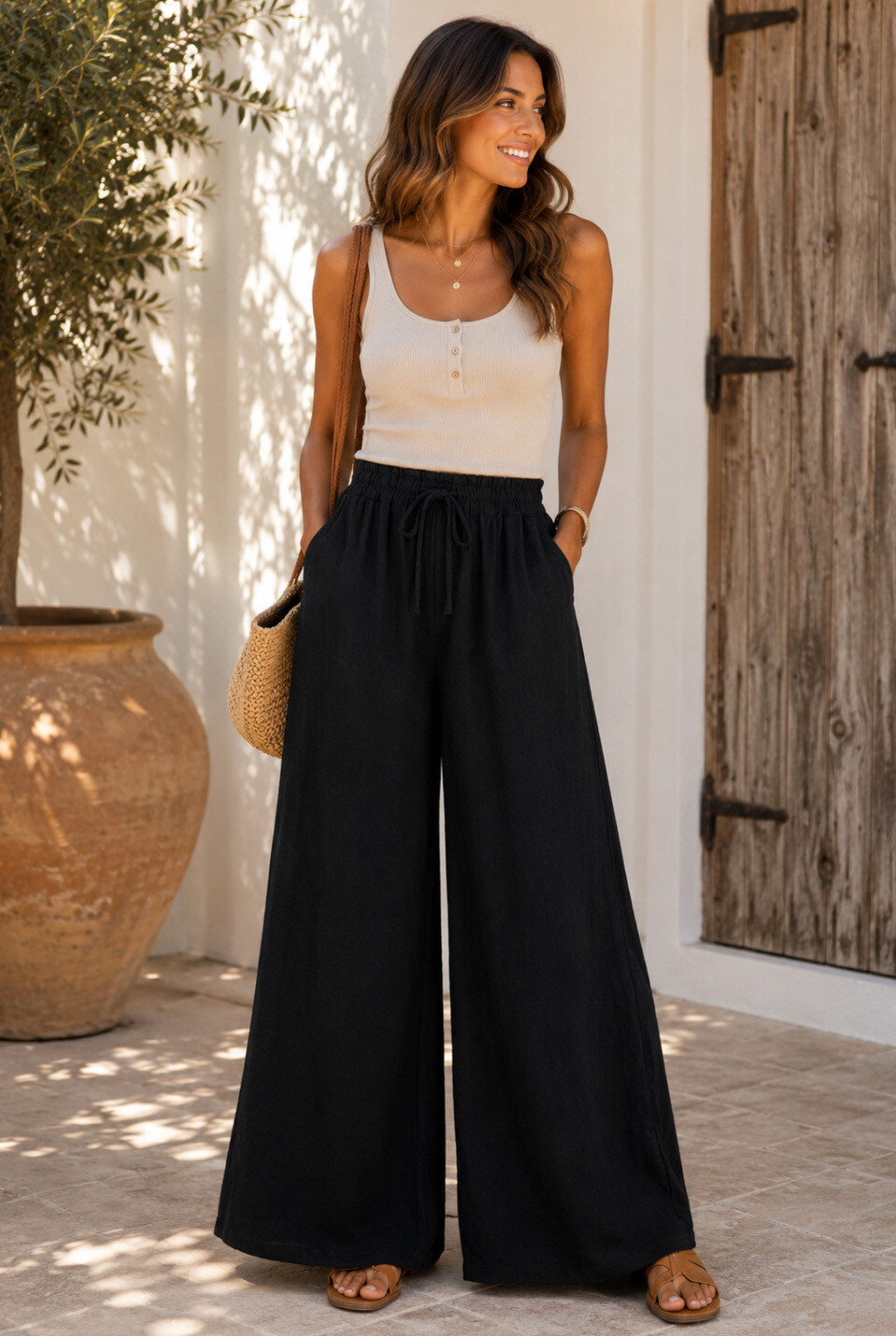 Grossiste Bobo Glam' - Pantalon large poché en coton texture. TU40/42