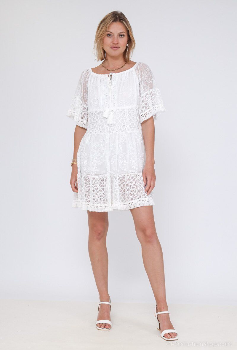 Wholesaler Bobo Glam' - Bohemian off-the-shoulder dress with pompoms