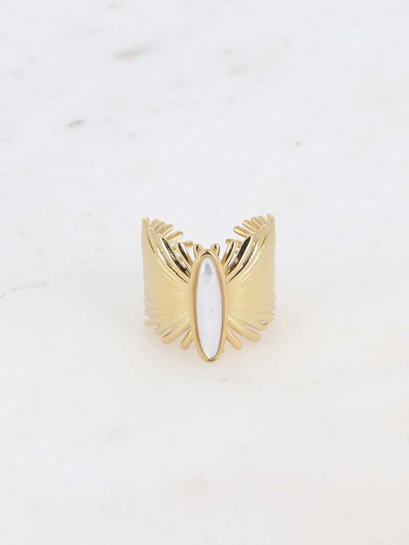 Mayorista Bohm - Anillo ancho - hojas de palma y piedra natural alargada