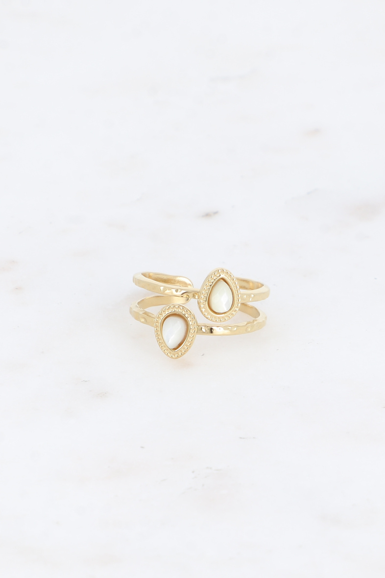 Grossiste Bohm - Bague - 2 rangs, 2 pierres naturelles gouttes, contour effet milgrain