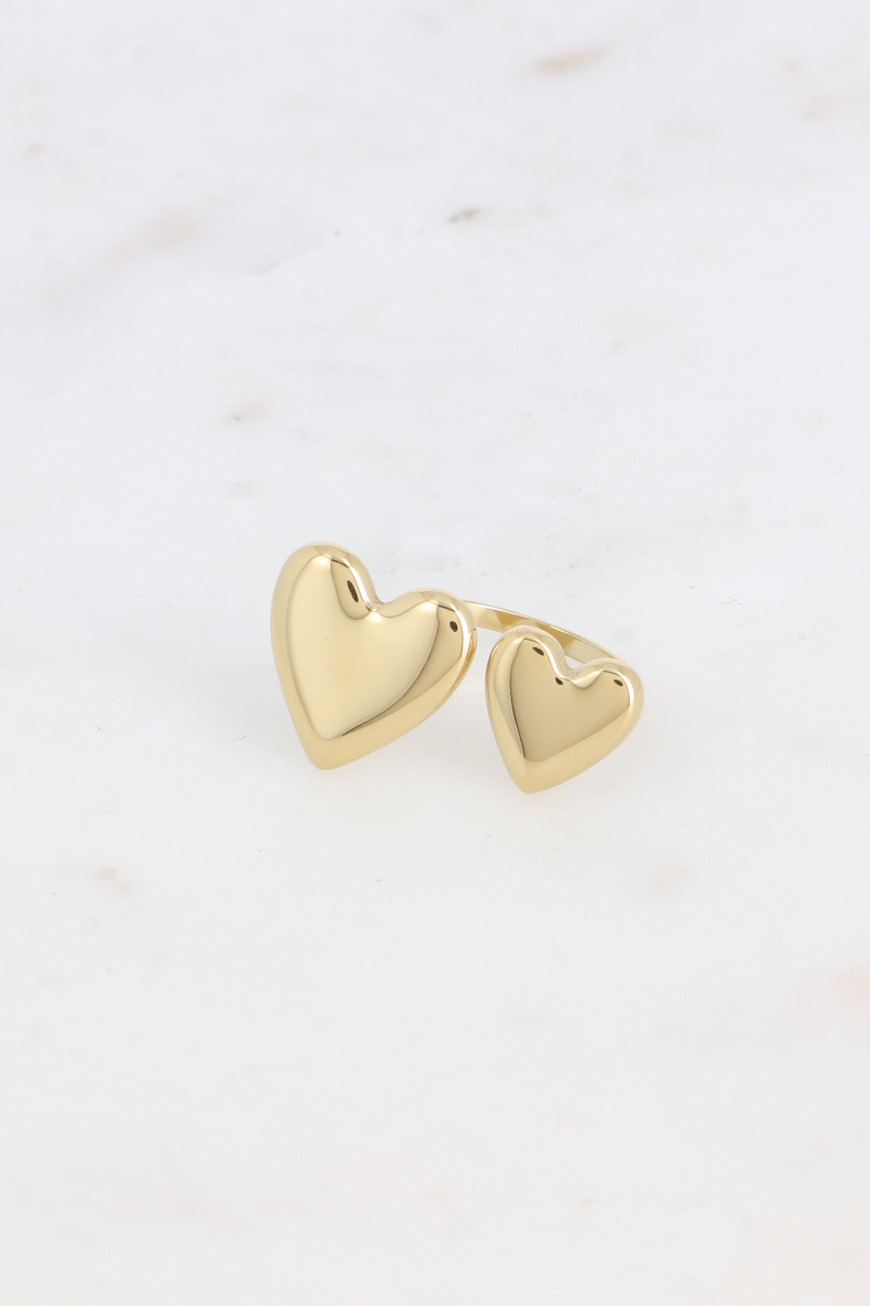 Grossiste Bohm - Bague ouverte - 2 grands coeurs lisses et miroirs