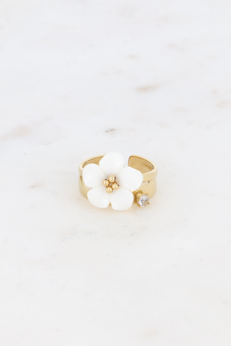 Großhändler Bohm - Ring – 2 Reihen mit rundem Kristall und Perlmuttblume