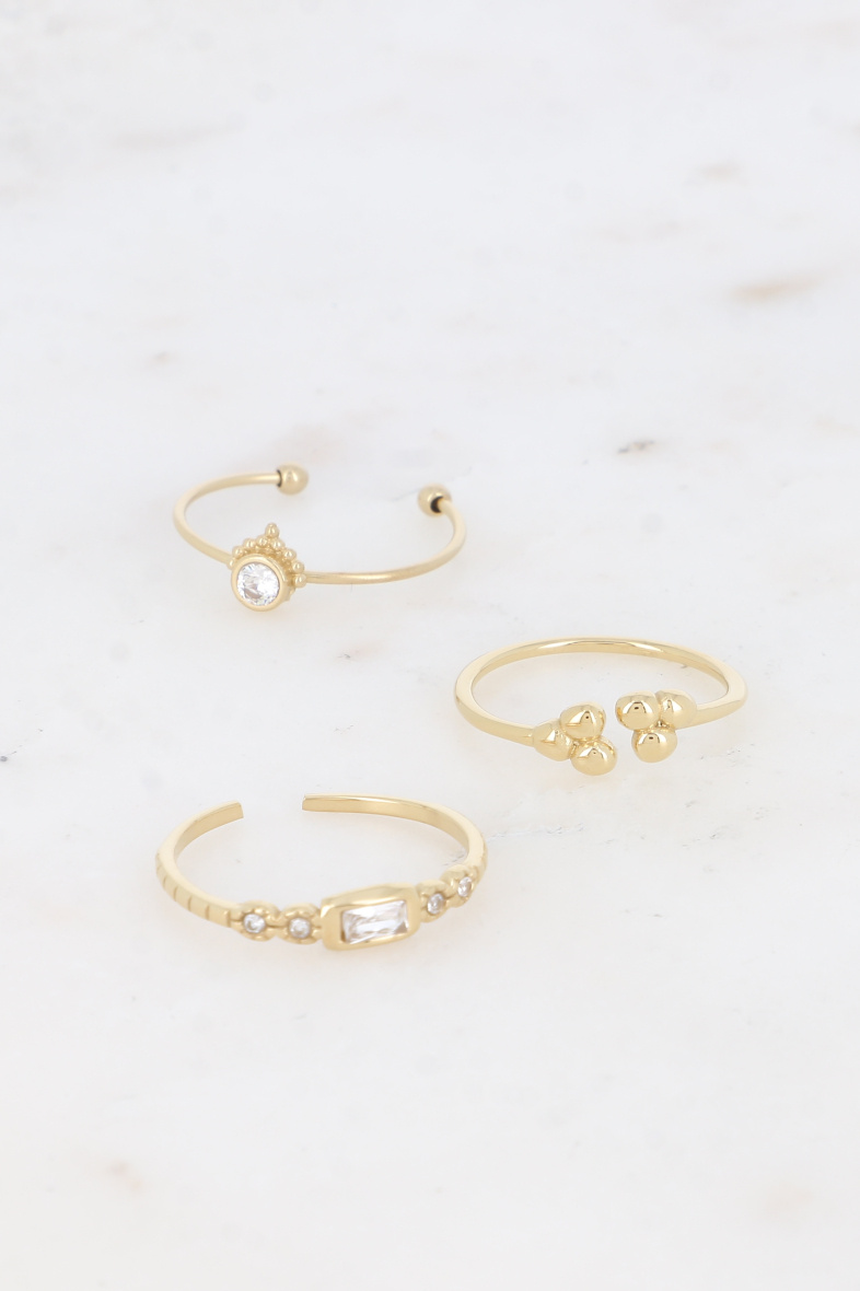 Großhändler Bohm - Set aus 3 feinen Ringen – rund, rechteckig und 3-Korn-Kristalle