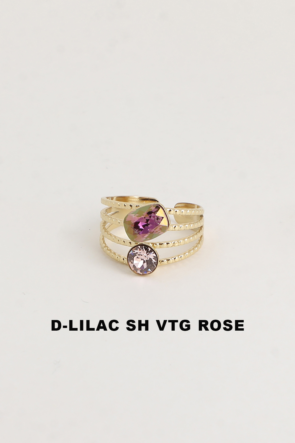 Wholesaler Bohm - Golden Lolita ring - 4 striped rows with 2 crystals