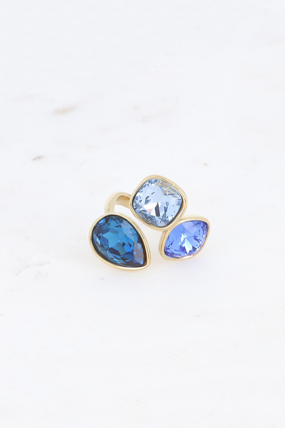 Grossiste Bohm - Bague ouverte - 3 cristaux taillés, goutte et carrés 10mm - doré et argenté