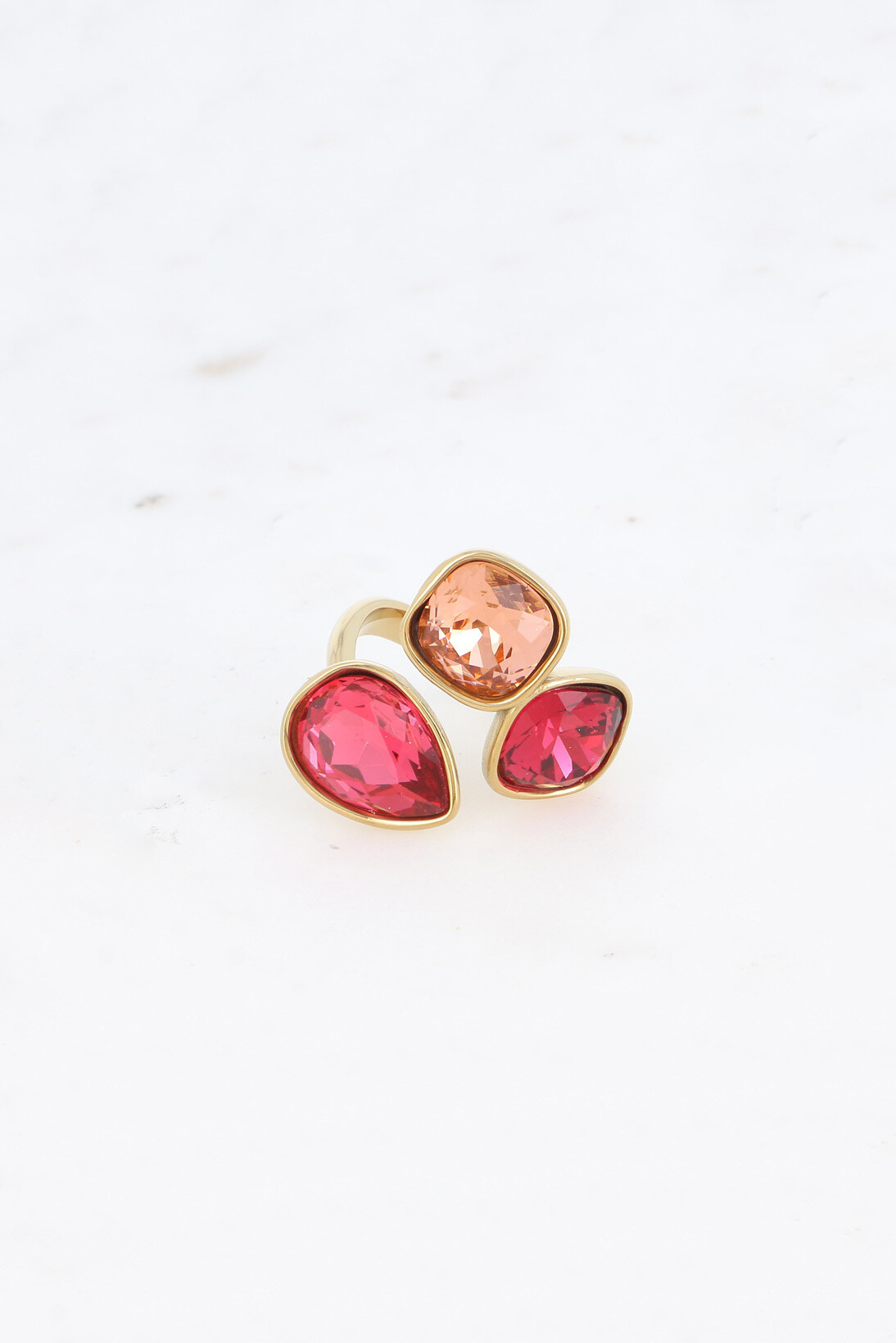 Wholesaler Bohm - Open ring - 3 cut crystals, drop and square 10mm - golden and silver