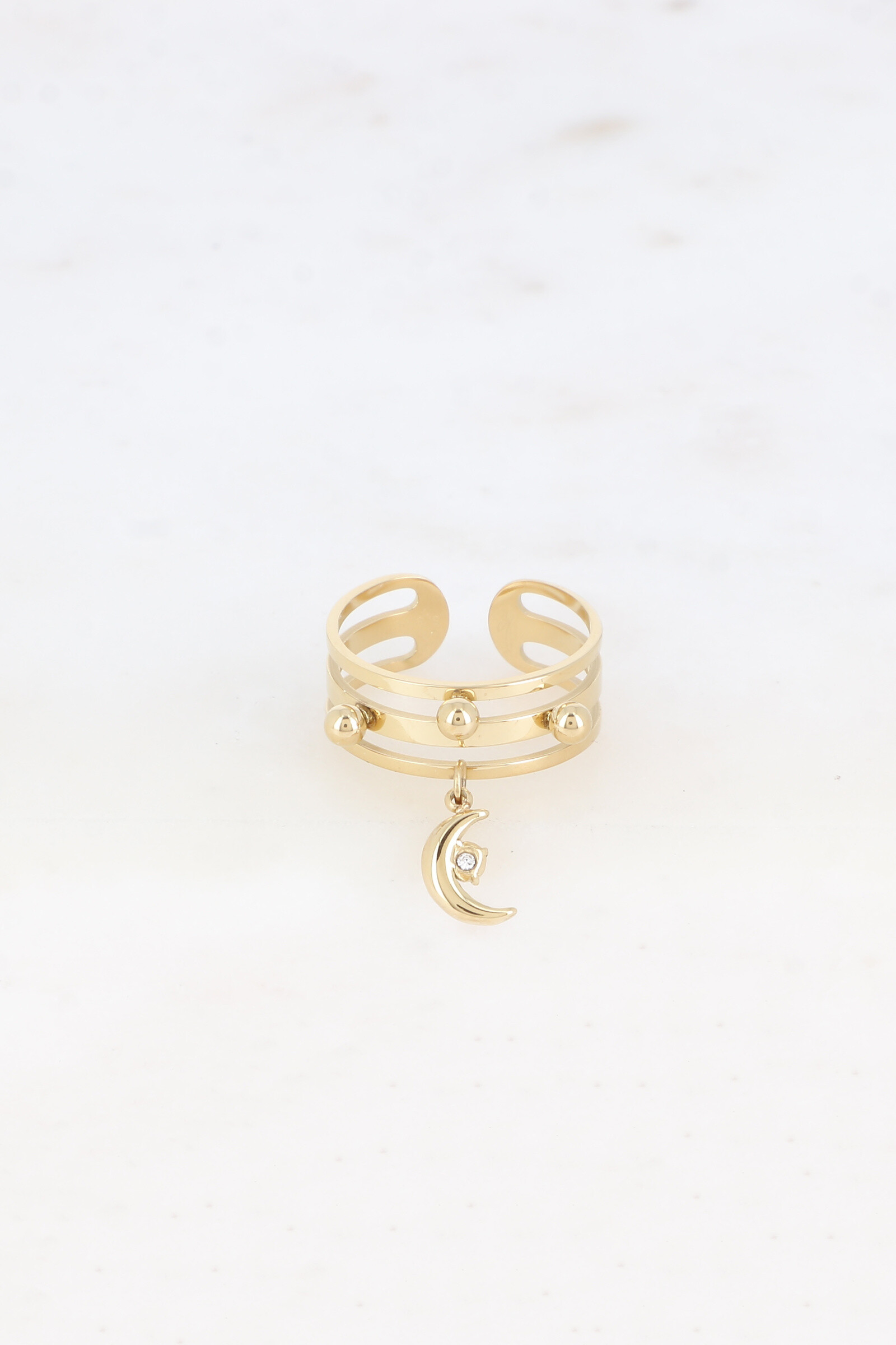 Großhändler Bohm - Ring - 3 Ringe mit Kugeln und Mondpampel mit Kristall
