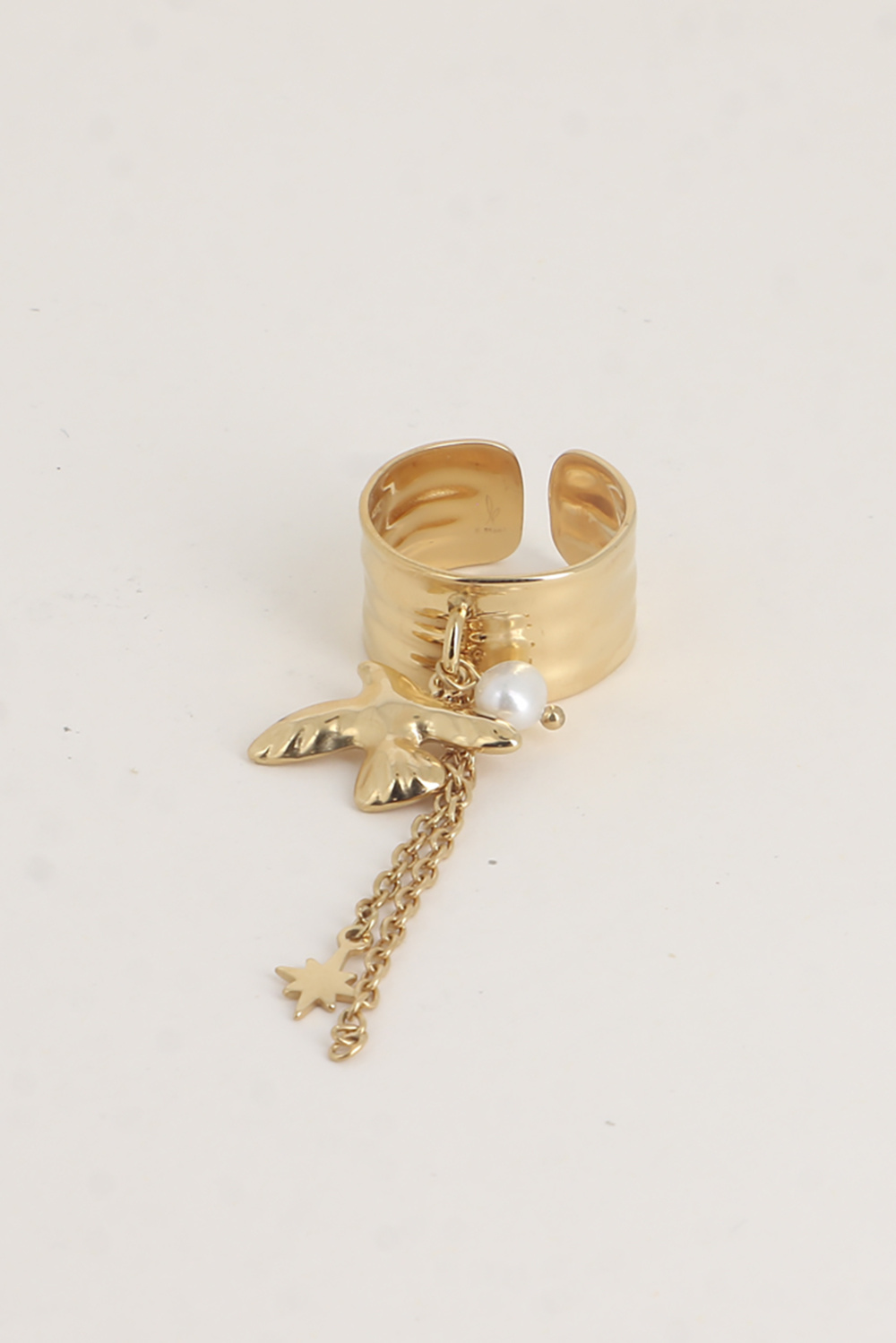 Wholesaler Bohm - Charm ring - bird, freshwater pearl, North Star, dangling chains