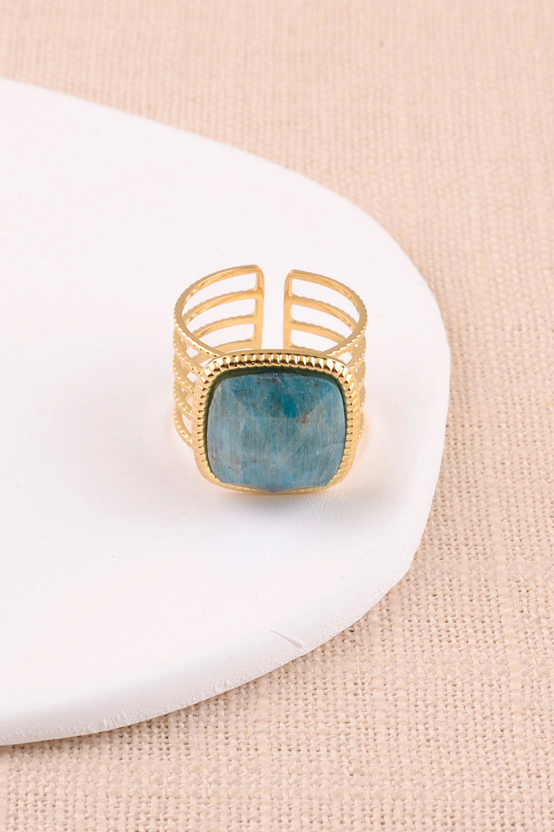 Grossiste Bohm - Bague large - 5 rangs martelés et pierre naturelle carrée