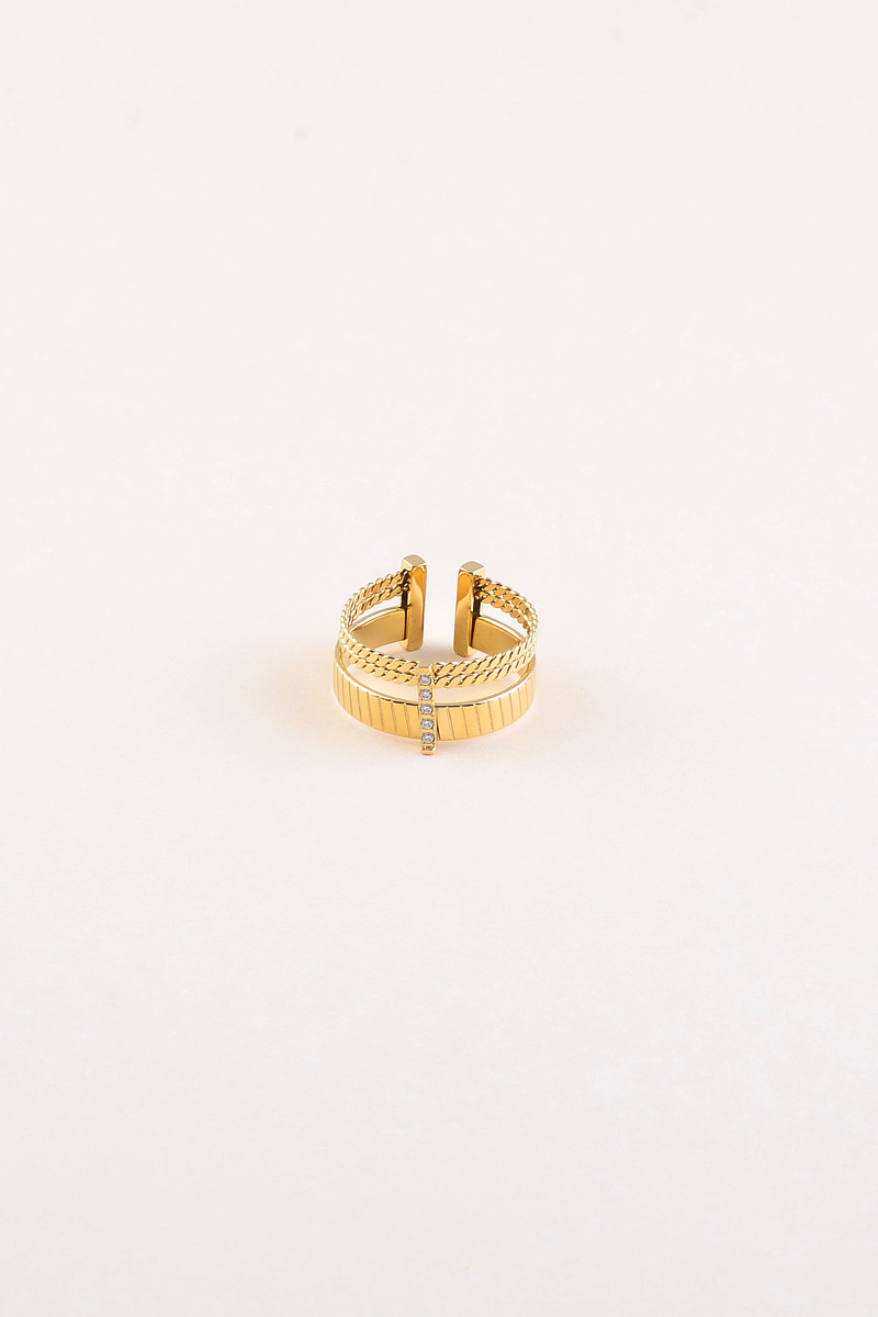 Großhändler Bohm - Ring - 3 gerillte Ringe und Stange verziert mit Zirkonia-Steinen