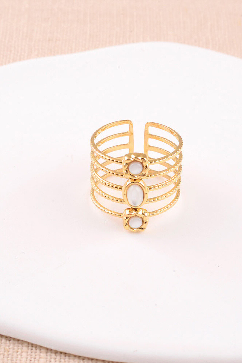 Grossiste Bohm - Bague large Laly - 5 rangs martelés et pierres naturelles