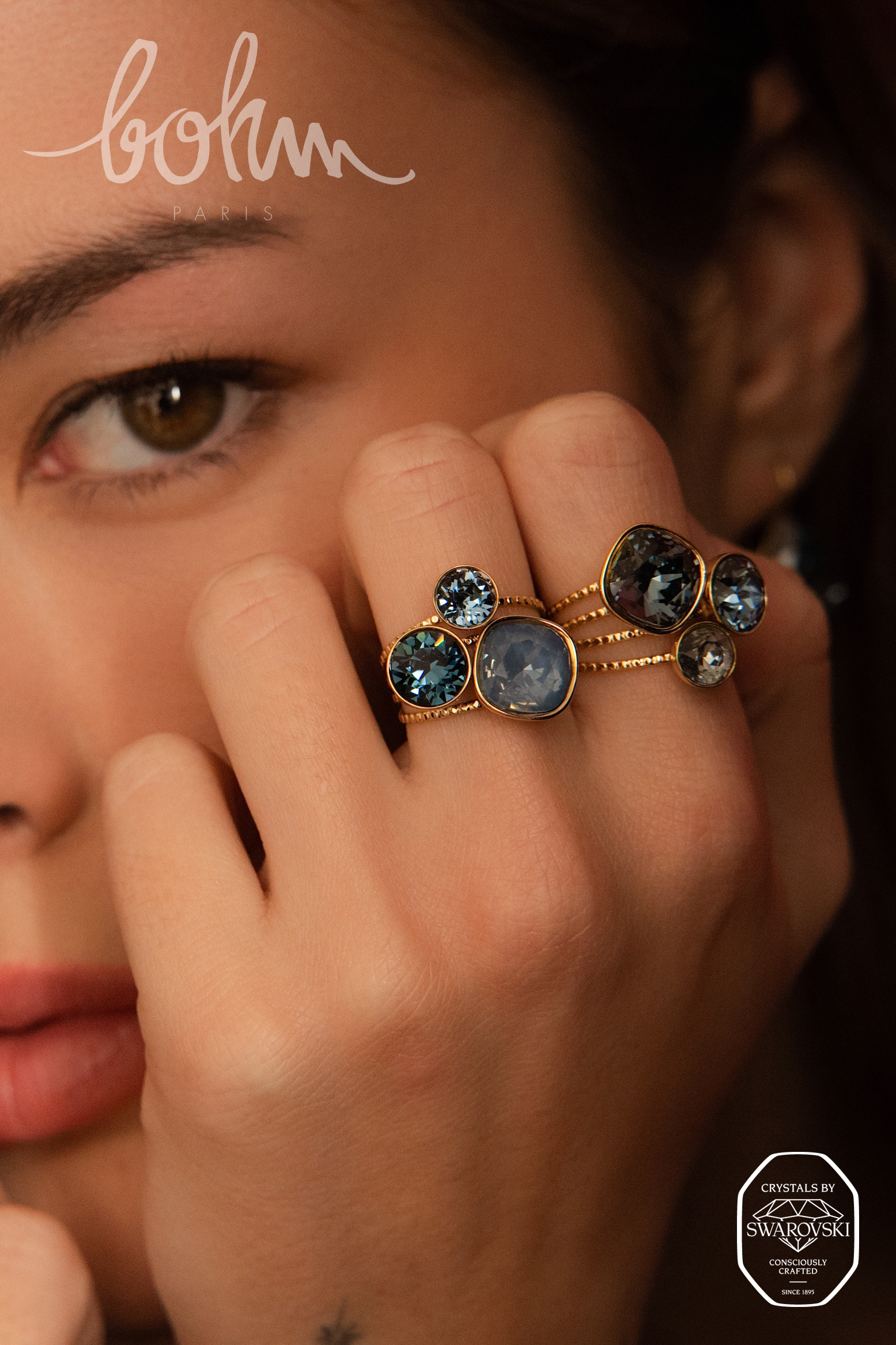 Grossiste Bohm - Bague trilogie dorée ornée de cristaux de Swarovski®