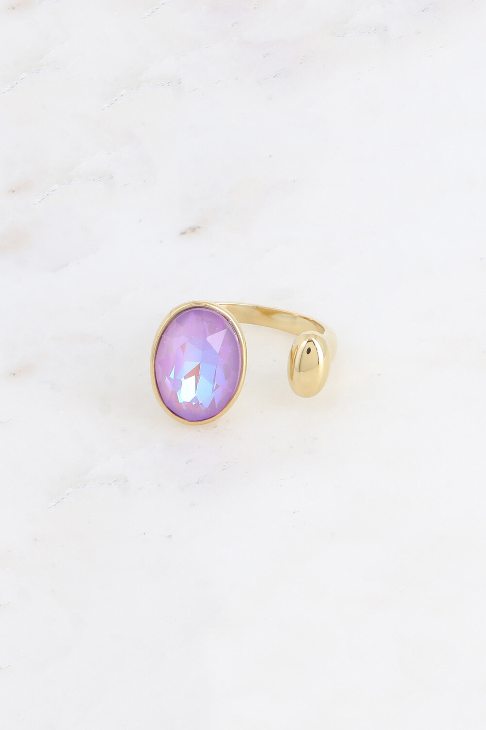 Großhändler Bohm - Offener Ring - 10x14 mm ovaler Kristall - Goldener Rahmen und Rhodium