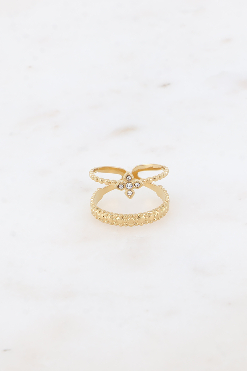 Grossiste Bohm - Bague - 2 rangs effet milgrain et trèfle en 4 cristaux