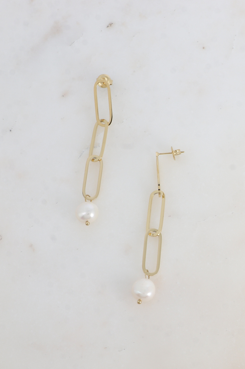 Grossiste Bohm - Boucles pendantes - 3 maillons ovales et perle d'eau douce