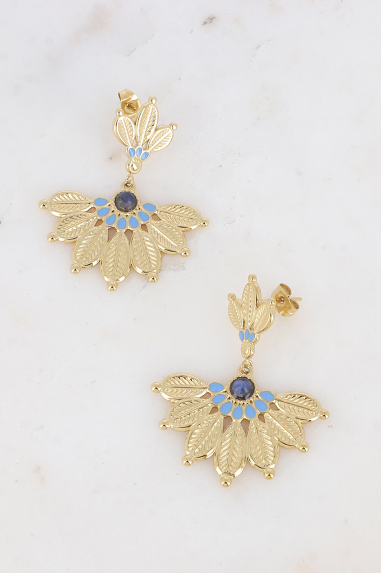 Grossiste Bohm - Boucles pendantes - 2 empiècements, motif fleur ethnique