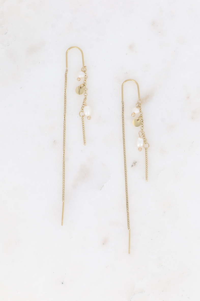 Grossiste Bohm - Boucles pendantes - 2 chaînes, perles d'eau douce et pampille ronde
