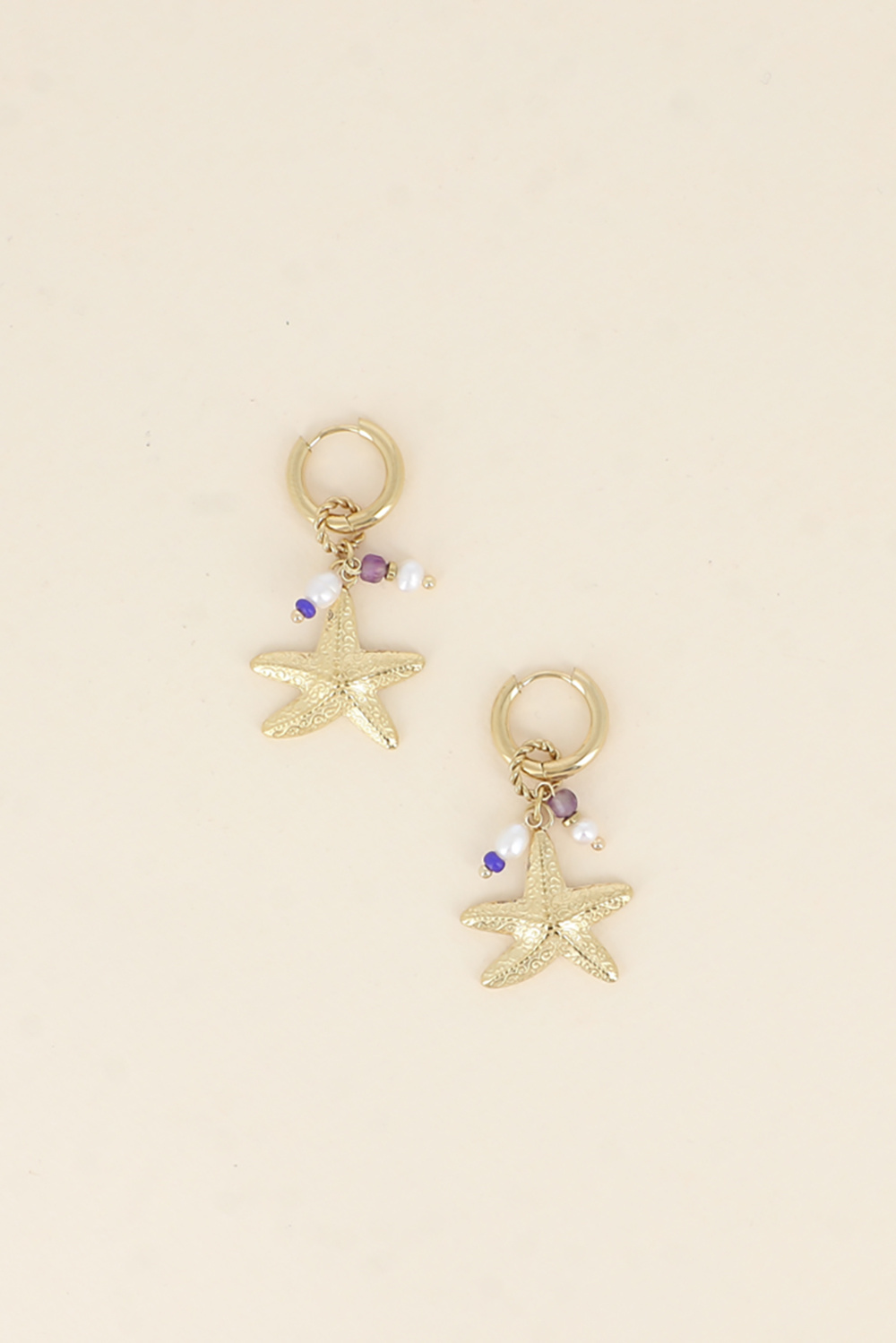 Wholesaler Bohm - Hoop Earrings - Charms (textured starfish, freshwater pearls, natural stones)